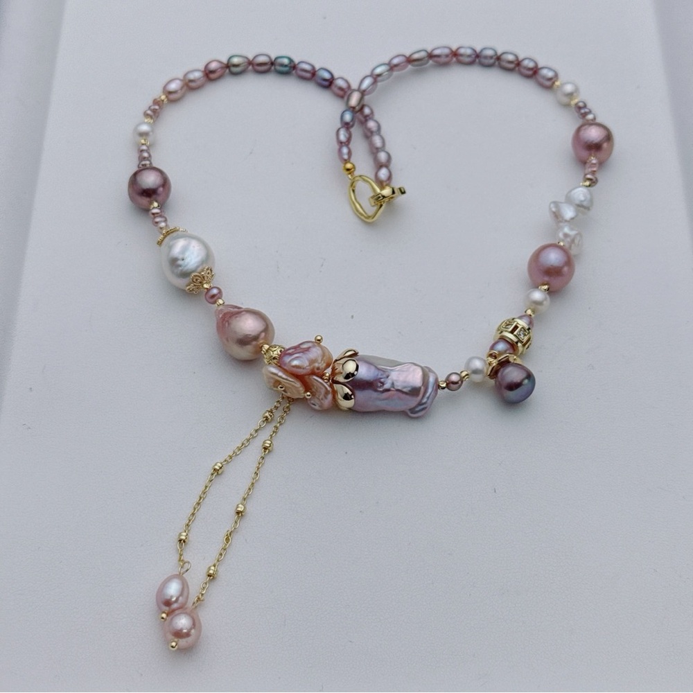 X795 Handmade Candy Color Freshwater Flame Ball Baroque Pearl Necklace